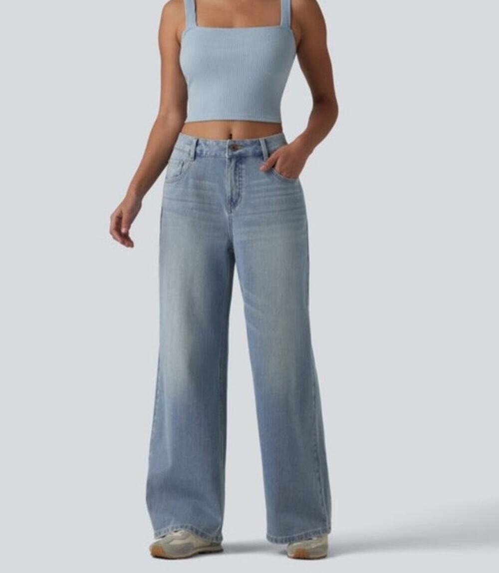Halara Flex Women's Wide Jeans High Rise Blue Denim NWT Size M Petite Stretch